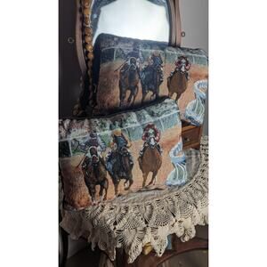 Vintage Equestrian Tapestry Pillow Pair Horse Racing Scene, Signed Woven Design